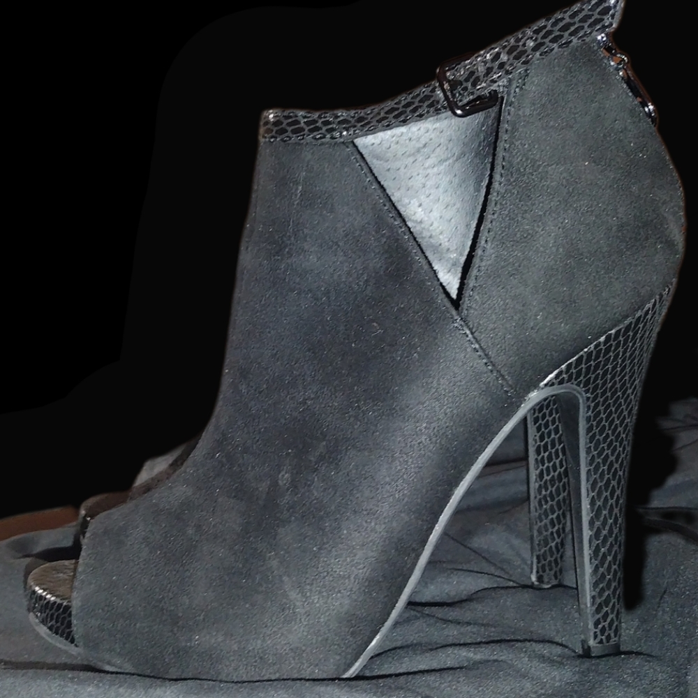 Bootie peep toe heels strap snake embossed suede comfortable GBG Los Angeles